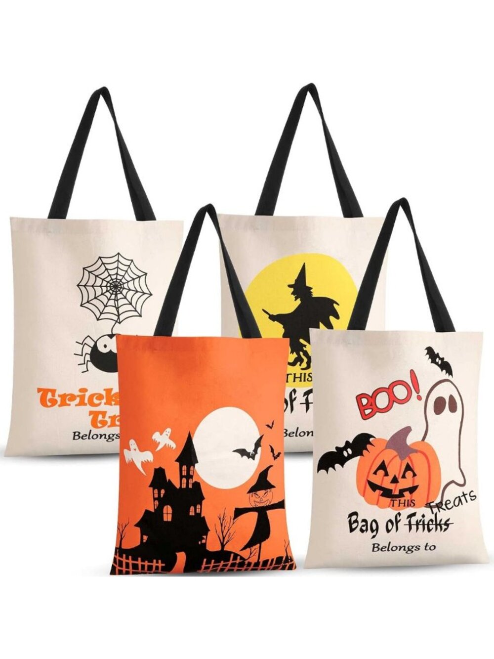 Halloween Canvas Tote Bags - 4 Pack, Reusable 14x17 Inch Trick or Treat Bags